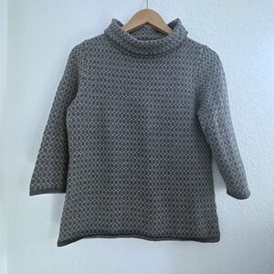 Talbots Pure Merino Wool Roll Neck Sweater M Gray Geo 3/4 Sleeve‎ Teacher Granny